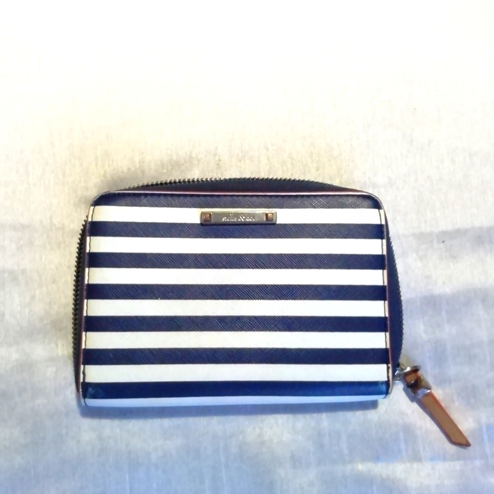 Stella and Dot clutch, navy blue and white stripe, zip around.